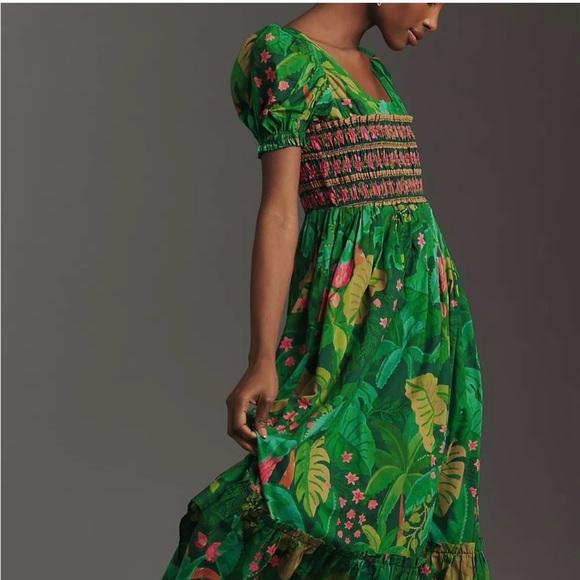 FARM Rio Dresses & Skirts - Farm Rio for Anthropologie Green Tropical Smocked Puff Sleeve Maxi Dress XXS